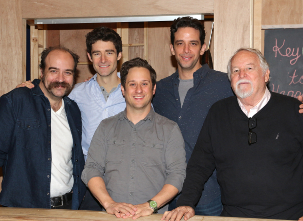 The men of Waitress: Eric Anderson, Drew Gehling, Christopher Fitzgerald, Nick Cordero, and Dakin Matthews.